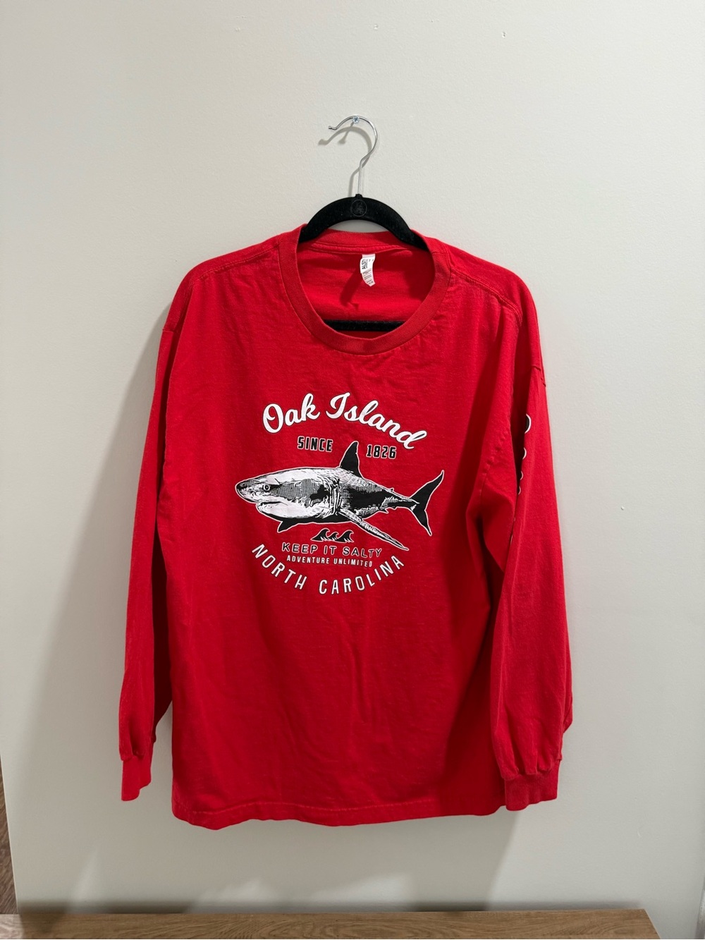 Alstyle Oak Island Red Long-Sleeve Shark Graphic Tee